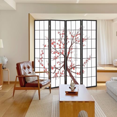 Giantex Room Divider, 4 Panel 6FT Room Dividers, Folding Privacy Screen, Oriental Shoji Screen for Room Separation, Portable Freestanding Japanese Wall Partition with Plum Blossom Design, White