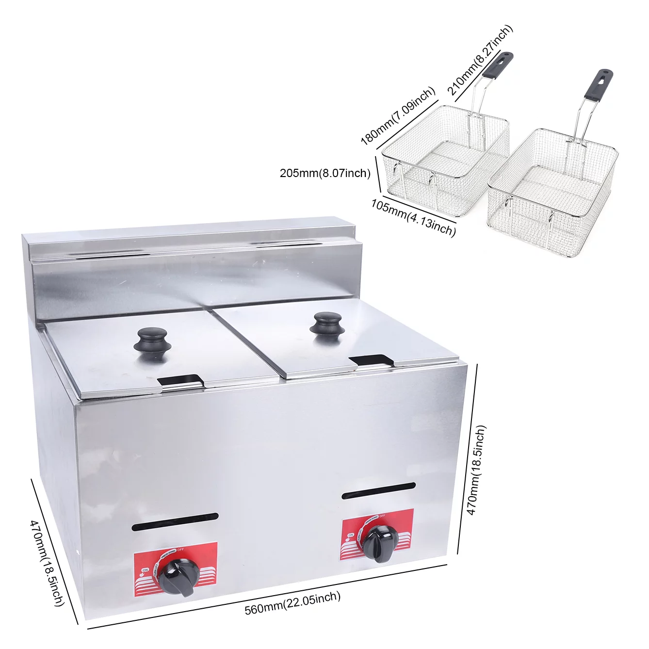 12L Stainless Steel Deep Fryer with 2 Basket and 2 Lid, Table Snack Fryer, Double Cylinder Gas Fryer, White