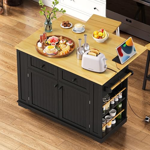Kitchen Island with Drop Leaf & Power Outlet, Rolling Kitchen Islands Cart with 5 Open Storage Shelves & Towel Rack, Mobile Island Table for Kitchen Dining Room (48-inch, Black)