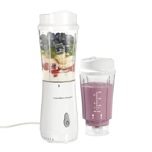 Hamilton Beach Portable Blender for Shakes and Smoothies, 14 Oz BPA Free Travel Cup & Lid, Durable Stainless Steel Blades, Personal Smoothie Blender, 2 Jars - White (51102V)