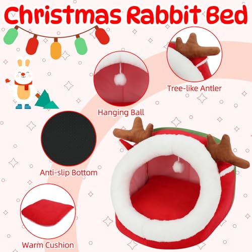 YUEPET Cozy Reindeer Christmas Rabbit Pet Bed Cave, Anti-Slip Warm Bunny Hideout House with Removable Cushion,Washable Small Animal Christmas Hideout for Rabbit Bunny Guinea Pig Ferret Chinchilla
