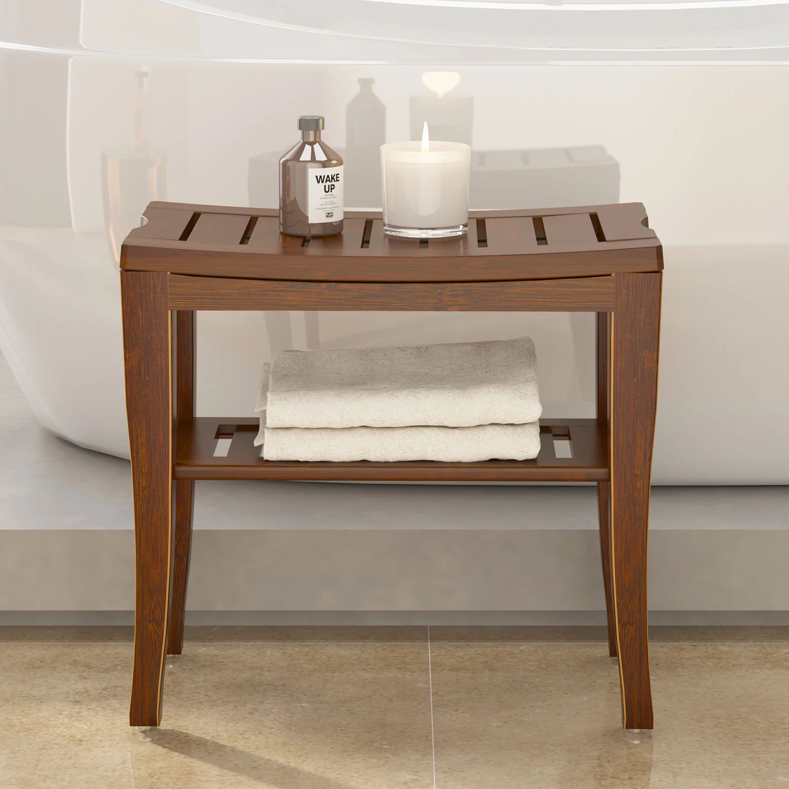 Soges Wood Bathroom Bench Bamboo Shower Stool Non-slip Waterproof Shower Seat, Coffee