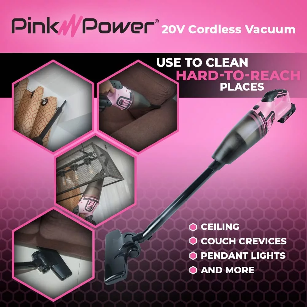 Pink Power Cordless Vacuum Cleaner, Portable Handheld Vacuum for Pet Hair, Carpet & Hard Floor - 20V Cordless Stick Vacuum Cleaner