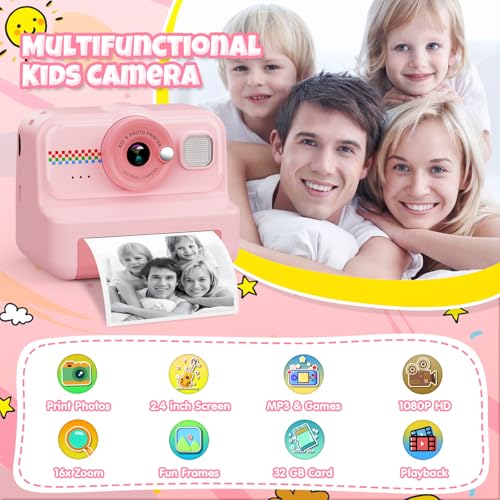 Kids Instant Print Camera, 1080P HD Kids Camera Instant Print with 3 Rolls Print Paper & 32GB Card, Ideal Kids Toys Gifts for Boys & Girls Age 3-14 (Black)