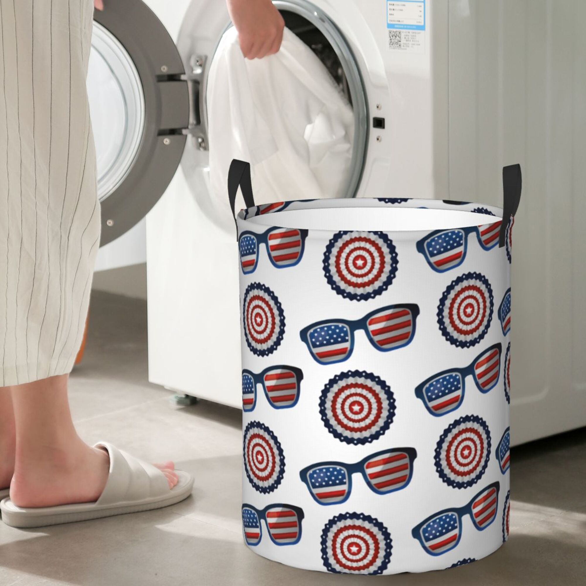 DouZhe Waterproof Collapsible Large Laundry Baskets, Patriotic Day American Flag Prints Circular Hamper with Handles
