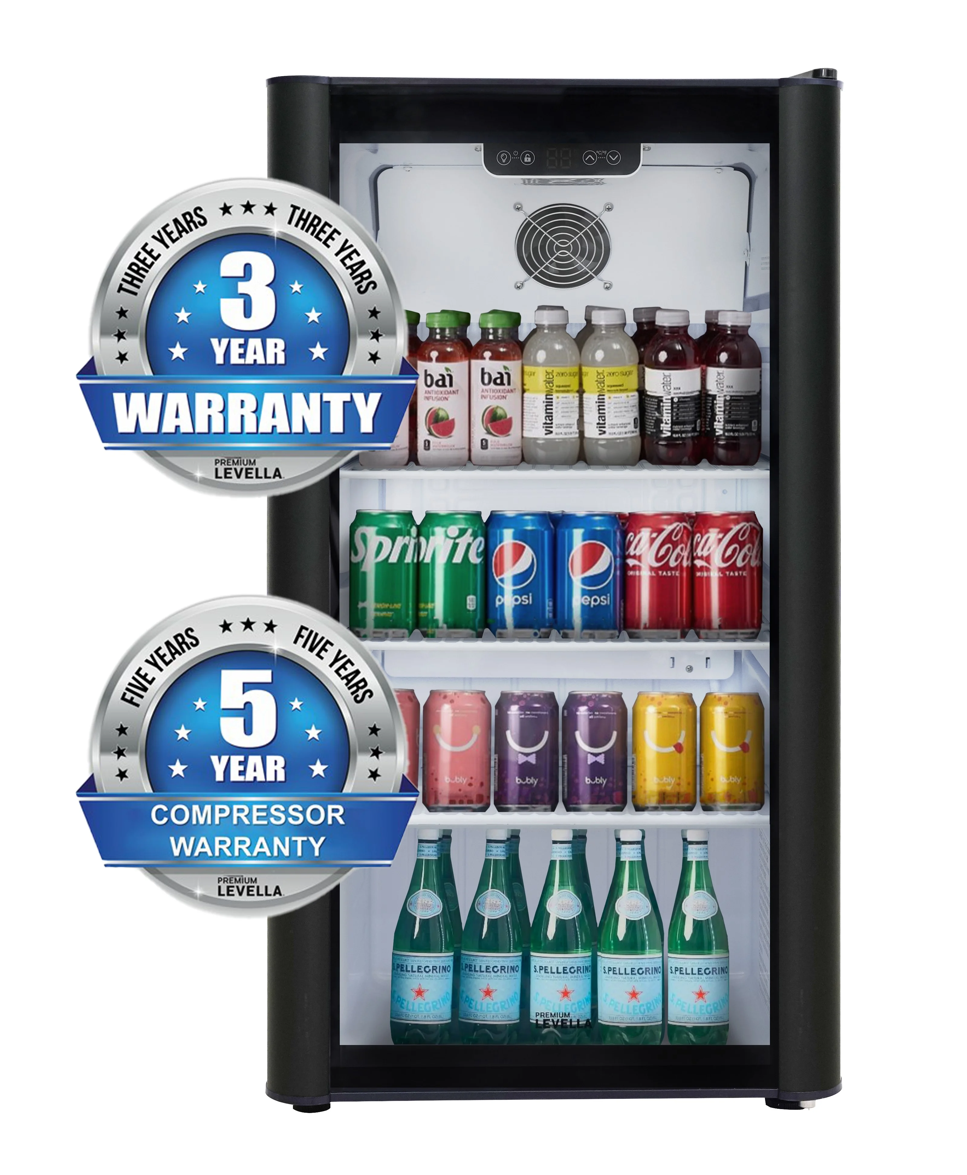 Premium Levella PRF37DX Glass Door Display Refrigerator 3.1 cu ft Commercial Beverage Cooler Merchandiser - Black