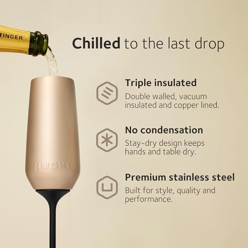 Huski Champagne Flute | NEW | Award-winning Design with Detachable Stem | Premium Stainless Steel Champagne Glass with Lid | Triple Insulated Tumbler | 8oz Capacity | Great Gift (Champagne)
