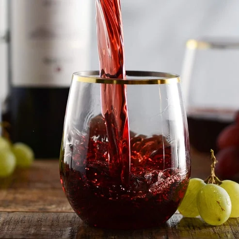 VEZEE Gold Rim Stemless Plastic Wine Glasses Goblet 12 oz Pack of 6