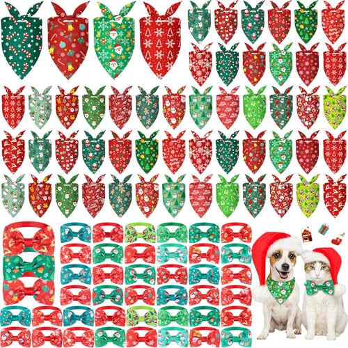 Sanwuta 100 Pcs Christmas Dog Bandanas Bulk and Charm Collar Bow Ties Set 50 Xmas Bandanas for Dogs 50 Xmas Doggie Collar Santa Snowflake Triangle Scarf Bowtie for Small Medium Large Pets