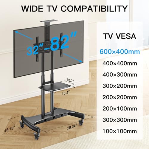 PERLESMITH Rolling TV Stand with Wheels for 32-82 Inch LCD LED 4K Flat Screen TVs, Tilt Mobile TV Cart with Shelf Holds Up to 100 lbs, Height Adjustable Floor TV Stand Max VESA 600x400mm- PSTVMC05