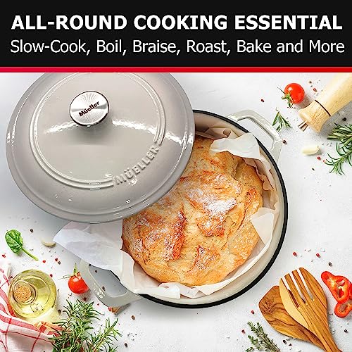 Mueller 6qt Enameled Cast Iron Dutch Oven, Heavy-Duty Casserole and Braiser Pan with Lid and Knob, Oven-Safe up to 500° F & Across All Cooktops, White