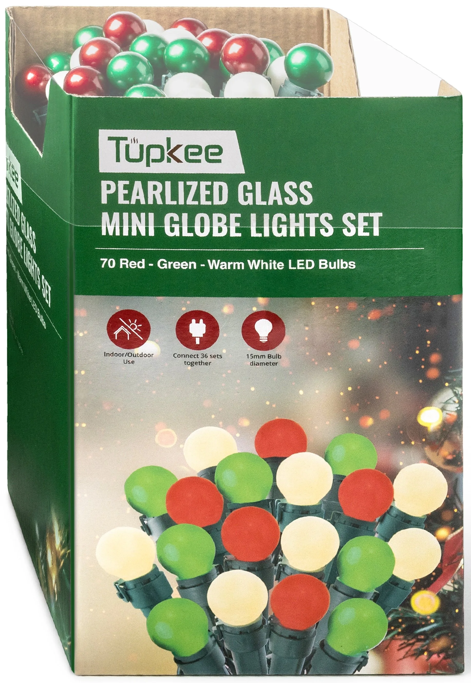 Tupkee Pearlized Glass Mini Globe Lights Set - 70 G15 Red, Green & Warm-White LED Bulbs - Indoor Outdoor - 25.3 Feet Pearl Berry Mini Globe Round Bulb Light String, Christmas Tree Holiday Lights