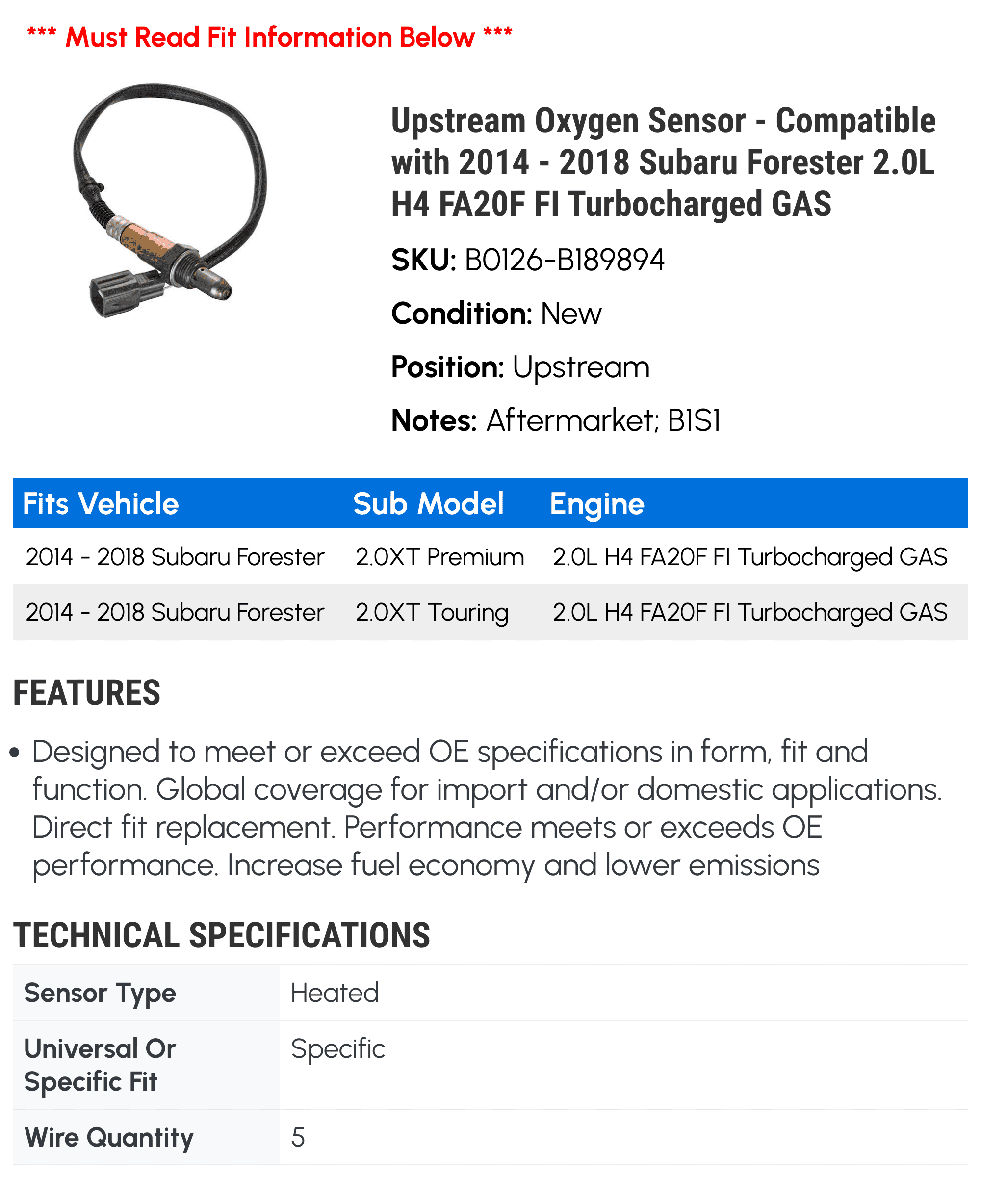 Upstream Oxygen Sensor - Compatible with 2014 - 2018 Subaru Forester 2.0L H4 FA20F FI Turbocharged GAS 2015 2016 2017