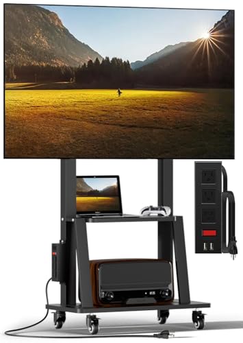 Rolling TV Stand with Power Outlet, Mobile TV Stand on Wheels for 32-75 inch TV, Height Adjustable Portable Black TV Cart, Holds up to 130LBS, Vesa 600×400mm