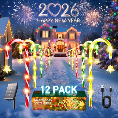 2025 Upgraded Christmas Decorations Outdoor Solar Candy Cane Lights, 10 Modes Waterproof Solar Christmas Pathway Lights with USB Charge, 28 FT 72 LEDs Outdoor Xmas Decor for Yard Lawn Porch Holiday
