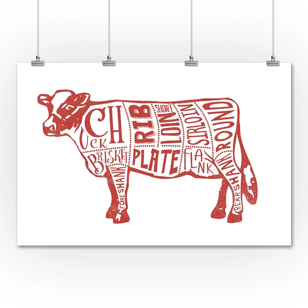Beef, Butchers Block Meat Cuts, Red Cow on White (36x54 Giclee Gallery Art Print, Vivid Textured Wall Decor)