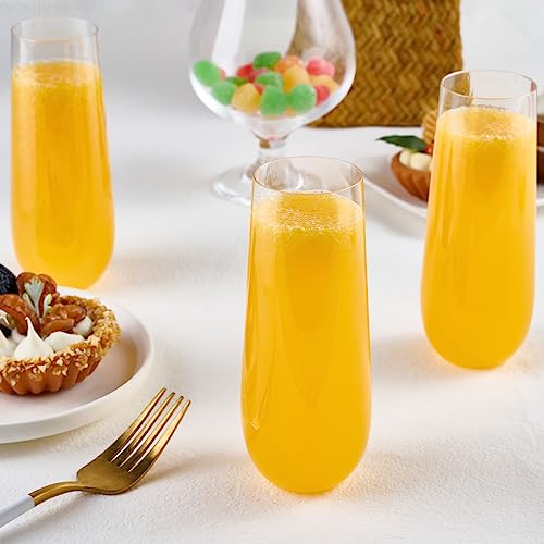 FOCUSLINE 24 Pack 9 Oz Plastic Stemless Gold Rim Champagne Flutes, Heavy Duty, Shatterproof, Disposable & Reusable Crystal Clear Toasting Glasses