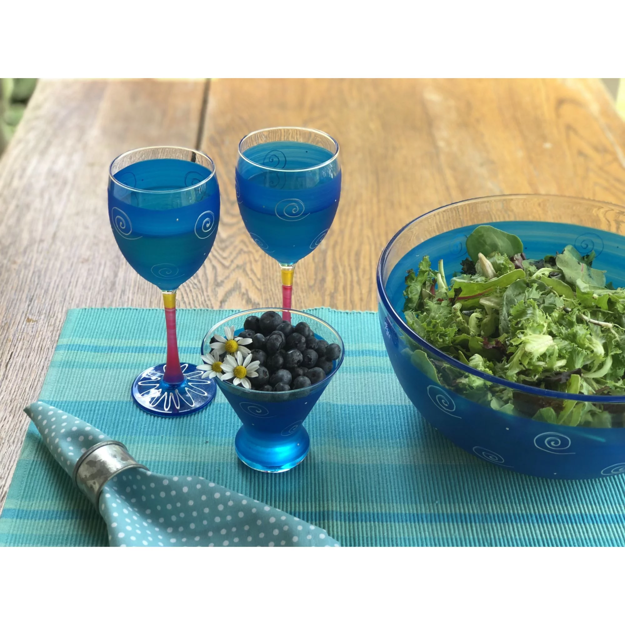 Crafted Creations Set of 2 Turquoise and Yellow Hand Painted Wine Drinking Glasses 10.5 oz.