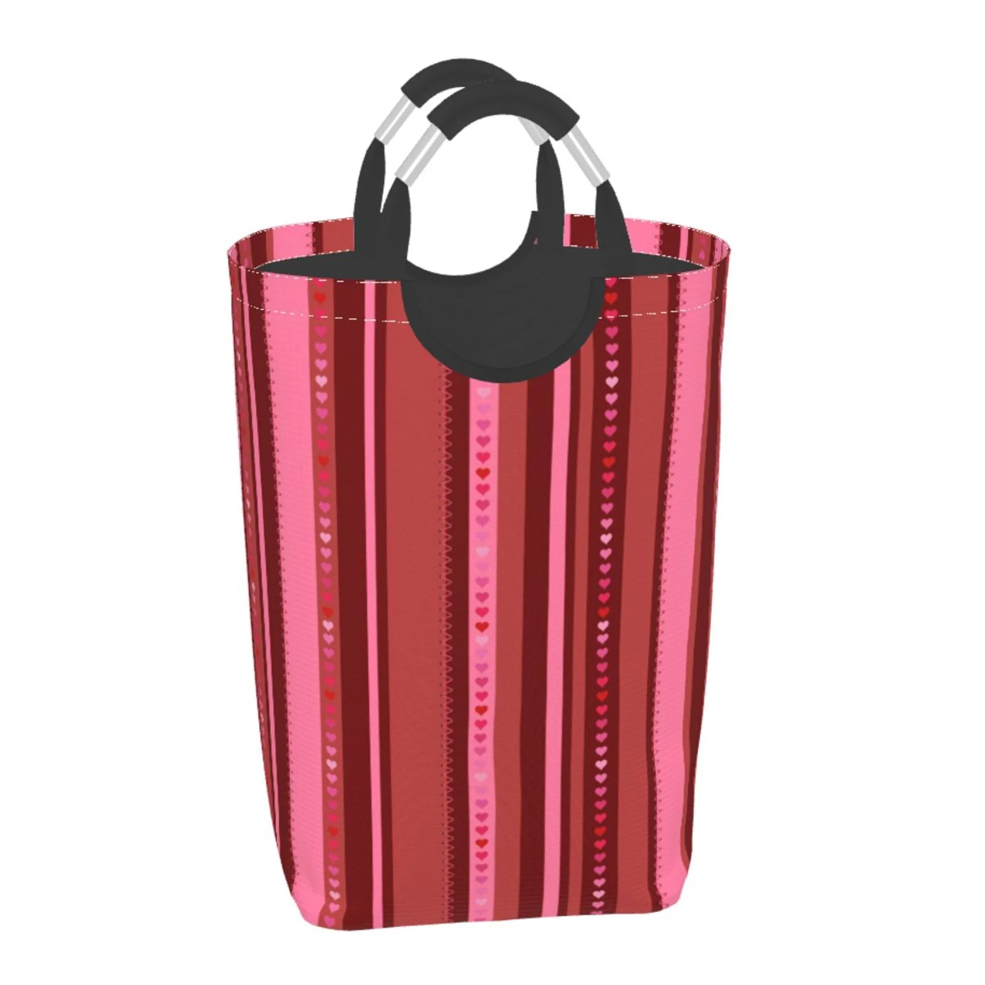 TEQUAN 50L Large Rectangular Laundry Hamper with Aluminum Handles, Red Pink Stitches Heart Prints Waterproof Foldable Dirty Clothes Basket