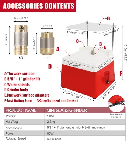 Podoy Stained Grinders Glass, Mini Power Industrial Glass Ceramics Grinding Tool,Diamond Grinder Bit Grinding Tool, Red 110V