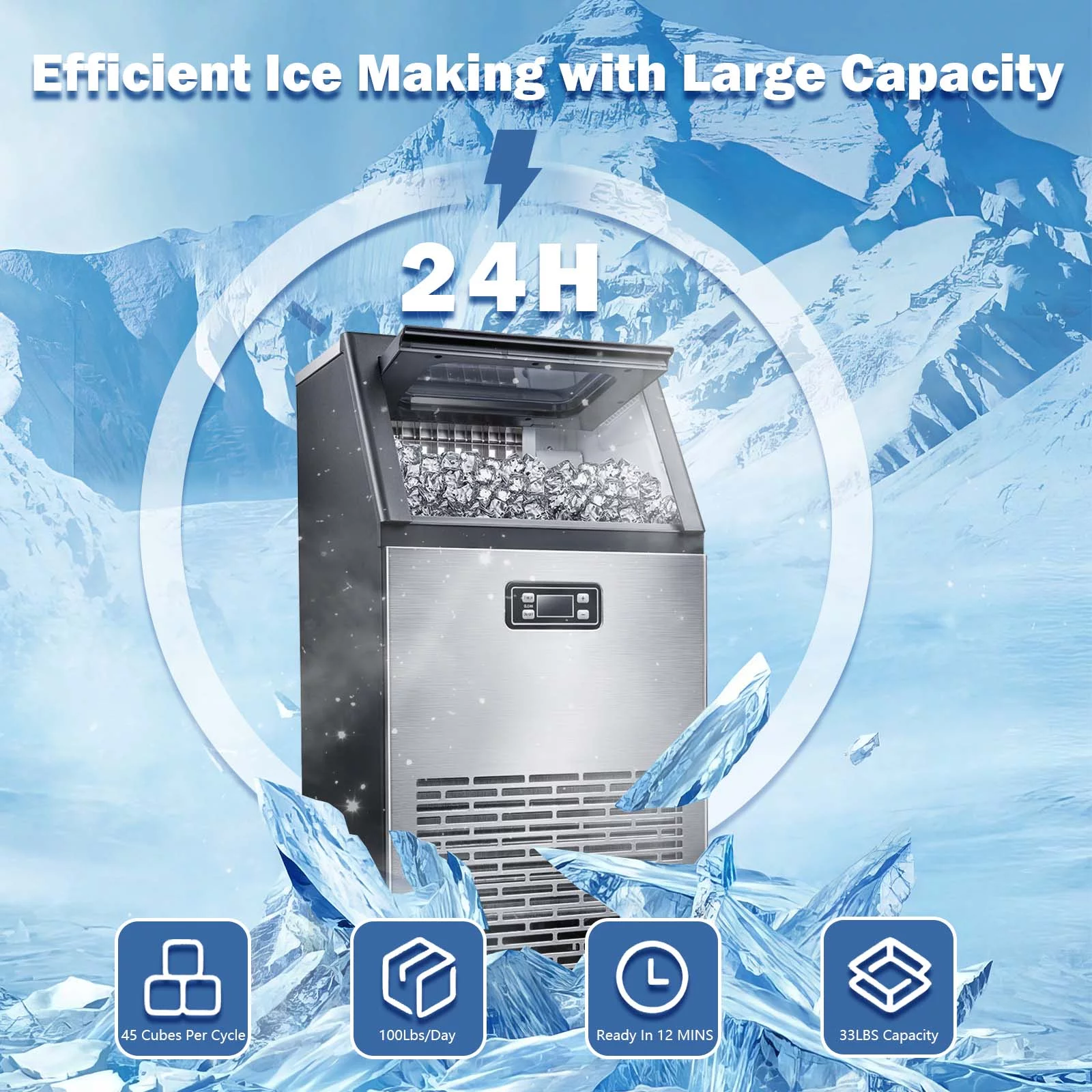 Auseo Commercial Ice Maker Machine, Under Counter/Freestanding Ice Maker, 100LBS/24H, 45Cubes/12-20Mins, Self-Cleaning, 24HTimer, LCD Display for Restaurant/Bar/Cafe/Party