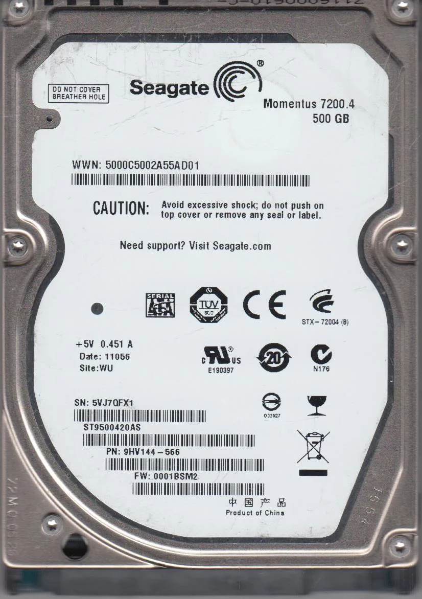 ST9500420AS, 5VJ, WU, PN 9HV144-566, FW 0001BSM2, Seagate 500GB SATA 2.5 Hard Drive