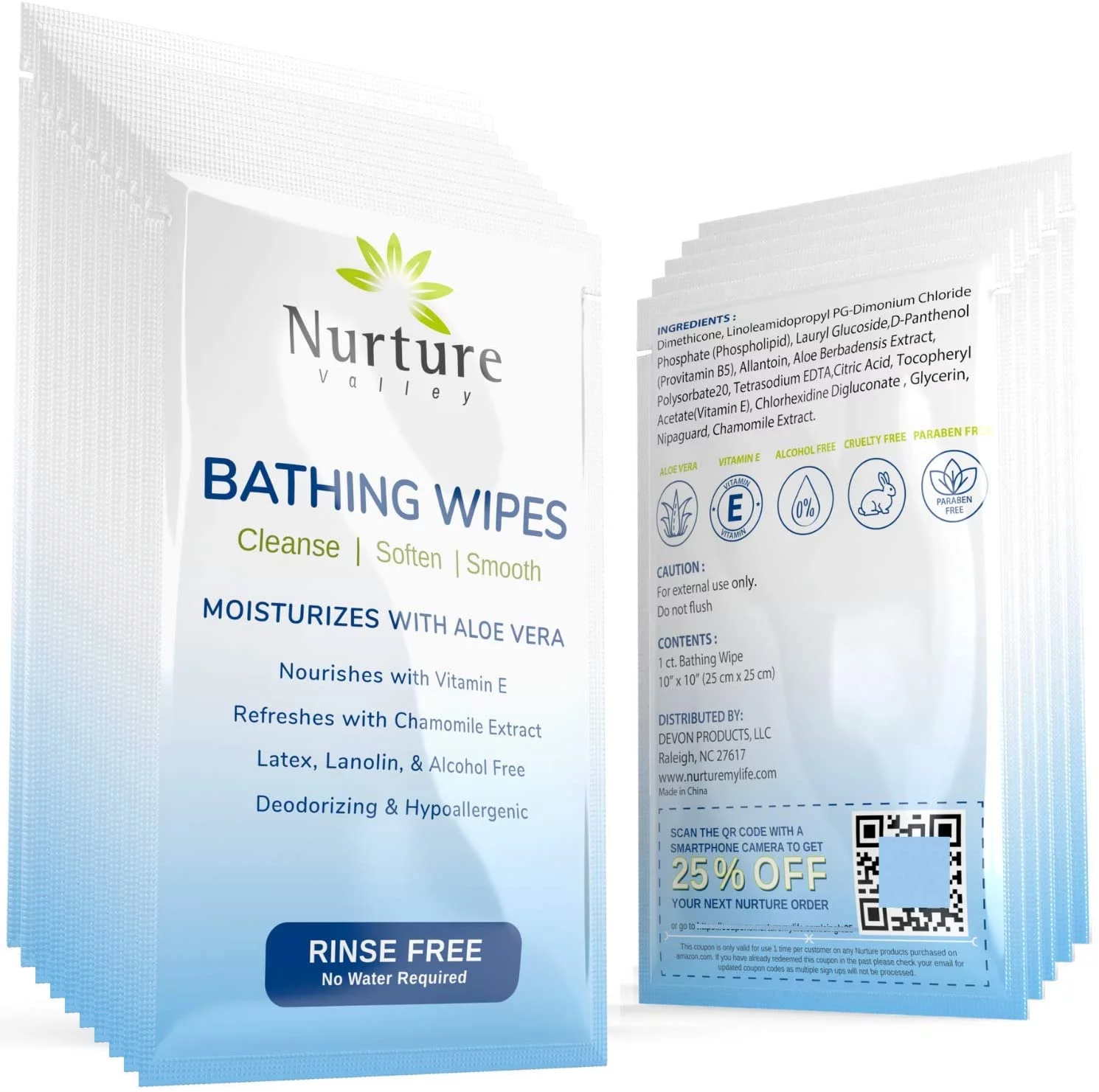 Nurture Valley Rinse Free Bathing Wipes Aloe Vera + Vitamin E (40 Travel Packs)