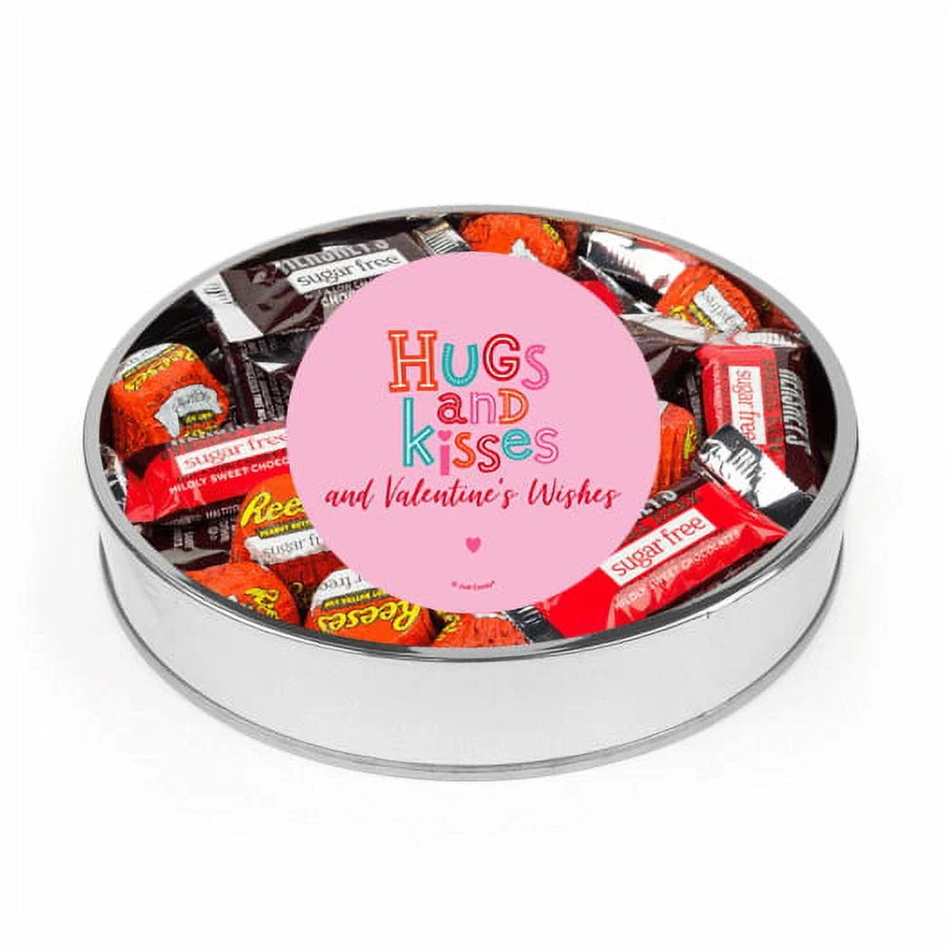 Valentine's Day Candy Gift Tin Large Silver Plastic Tin with Sugar Free Chocolate - Pink