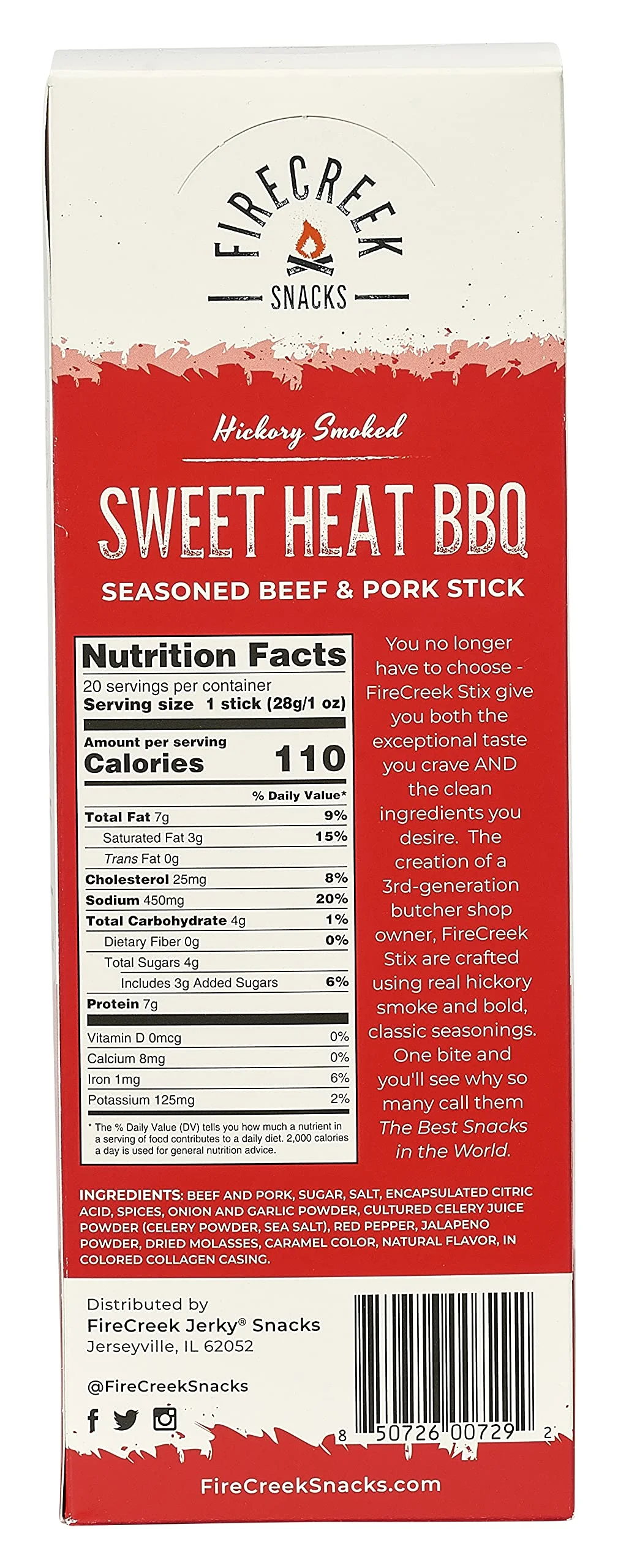 FireCreek Snacks Sweet Heat BBQ Beef Jerky Stick, Low Carb 1 ounce Meat Stick, 20 Count, Red