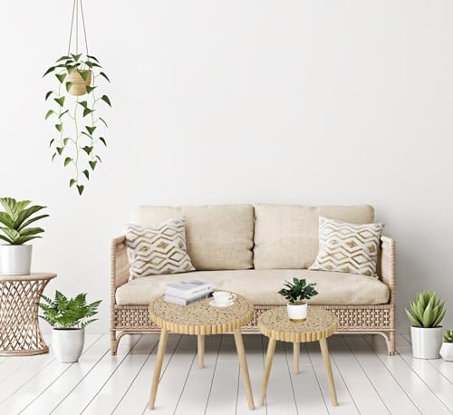 Round Coffee Table Set of 2, Natural Boho Side Table, Small Mid Century Modern Rattan End Tables for Living Room Bedroom Office