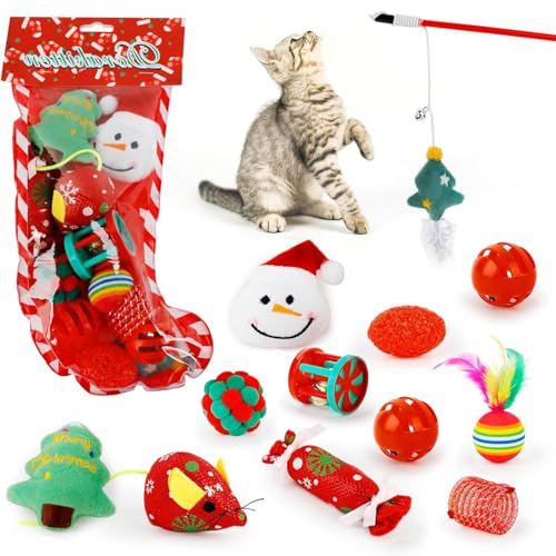 Dorakitten Christmas 12 PCS Cat Toys Cats Chew Plush Catnip Toy Pet Nip Mouse Ball Fish Interactive Pets Kitten Treats Teething Stocking Pack Best Stuffed Play Accessories for Indoor Kitty