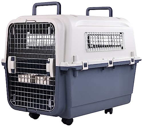 Plastic Kennels Pet Carrier Rolling Plastic Airline Approved Wire Door Travel Dog Crate, Medium (26.5