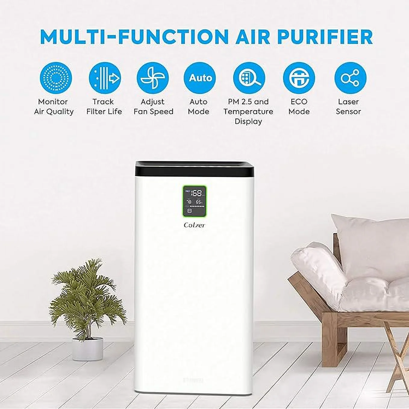 Open Box COLZER Air Purifier True HEPA Air Filter 3-Stage 900 Sq Ft COLZER1556 - White