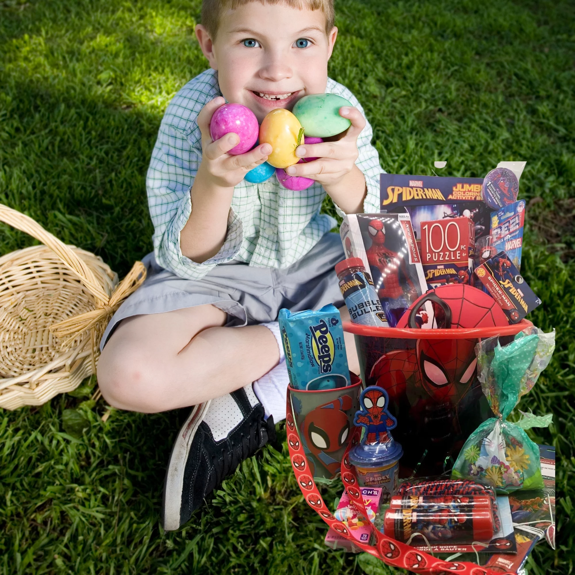 JD Spiderman Easter Basket, Prefilled with Toys, Action Figure, Mask, Puzzle, Coloring Book, Bubbles, Candies & More for Kids Boys, Holiday Birthday, Care Package (Contents Vary)