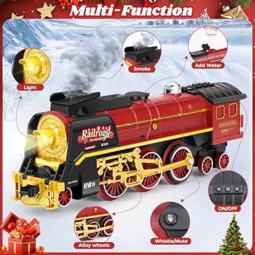 Electric Model Train Set with Smoke, Lights & Sound, Kids Remote Train Toy Set for under Christmas Tree, Steam Locomotive Train, Glowing Passenger Carriages, Christmas Toys Gift for Boys Girls Ages 6+