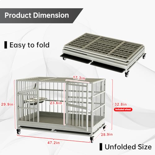 54 Inch Heavy Duty Dog Crate with Wheels，Indestructible Escape-Proof Dog Cage for Large Dogs, Extra Large XL XXL Indestructible Dog Crate with Removable Tray.