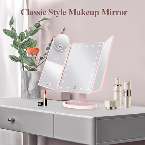 HUONUL Makeup Mirror Vanity Mirror with Lights, 2X, 3X, 10X Magnification, Touch Control, Trifold, White, 9.4