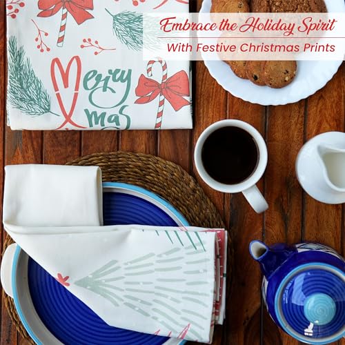 The Fine Living Co. 100% Cotton Merry Christmas Kitchen Towels, 18'x28' Set of 2 (Cherry Red & Green)