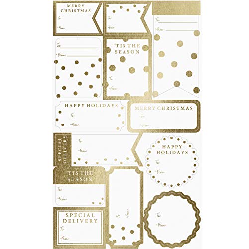 Graphique Shimmering White Gift Labels | 52 Self-Adhesive Christmas Stickers | 13 Designs with Gold Foil Accents | to and from Names | for Holiday Wrapping Paper & Gift Bags