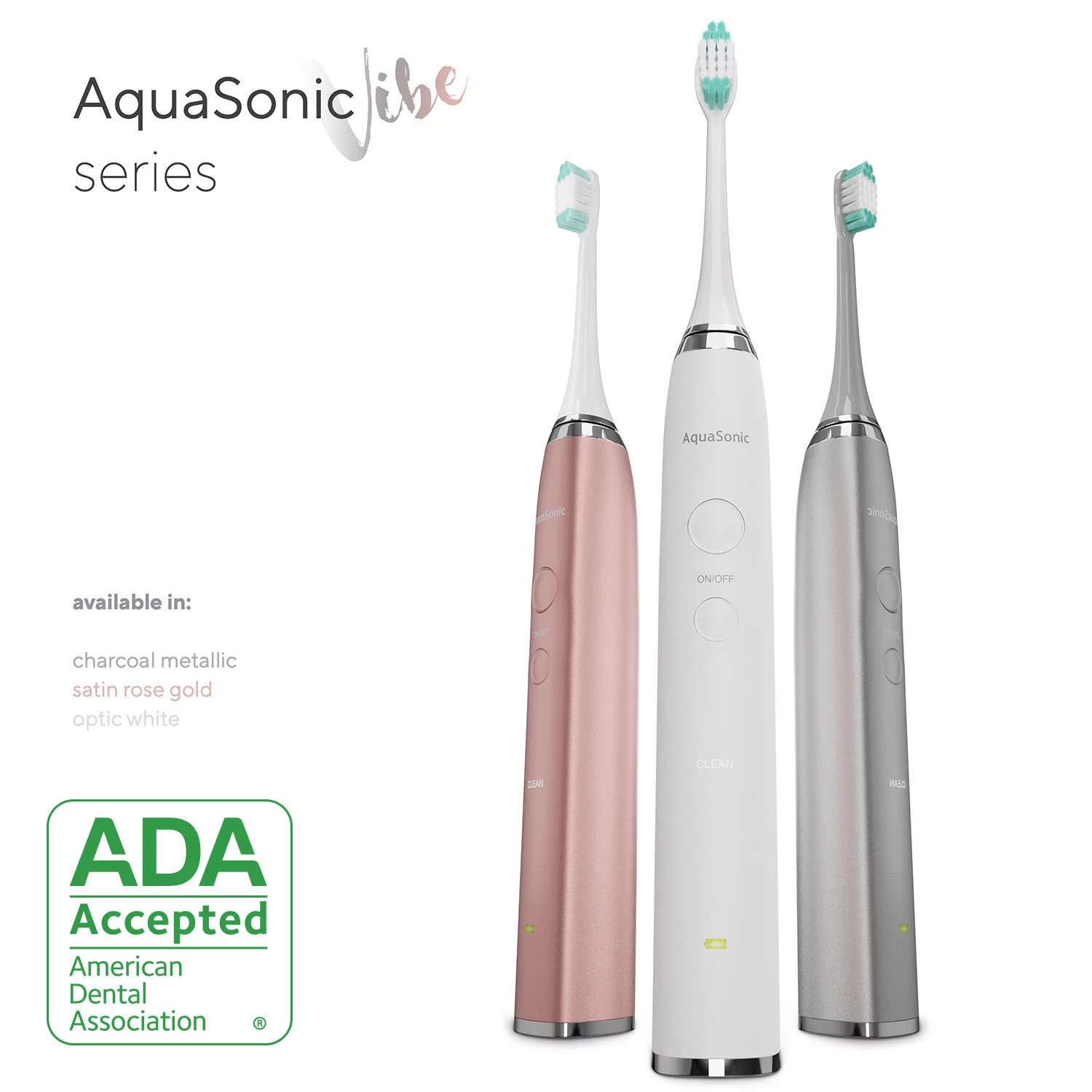 Aquasonic Vibe Series - ADA Accepted - Ultra Whitening Electric Toothbrush - 8 dupont brush heads & travel case