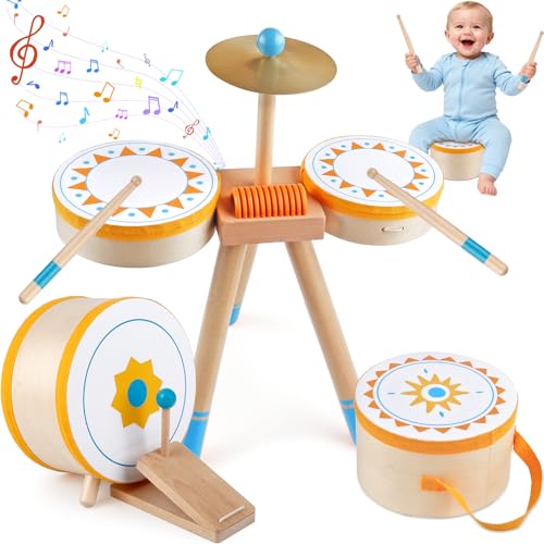 Kids Wooden Drum Kit, Montessori Musical Instruments for Toddlers, Baby Percussion Set Music Toys with Cymbal, Pedal Bass Drum & 2 Drumsticks, Educational Learning Birthday Gift for Boys Girls Ages 3+