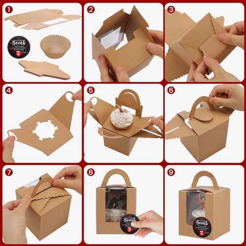 100 Set Christmas Hot Cocoa Bomb Packaging Kit Individual Christmas Cupcake Boxes with Window Insert Handle Muffin Pastry Containers Xmas Cupcake Cookie Gift Box