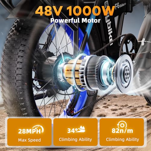 1000W Folding Electric Bike,48V 20AH Removable Battery E Bike,30+MPH,80 Miles Max Range Electric Bike for Adults,20