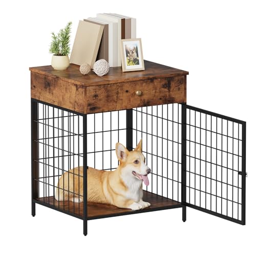 Decorative Grey Steel-Tube Dog Kennel Table with Drawer, Chew-Proof Indoor Pet Crate End Table for Small Dogs