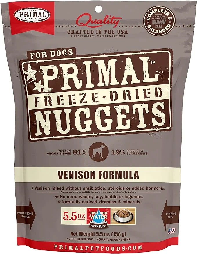 Primal Freeze Dried Dog Food Nuggets Venison, Complete & Balanced Scoop & Serve Healthy Grain Free Raw Dog Food, Crafted in The USA, 5.5 oz