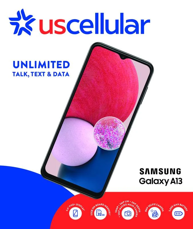 UScellular Samsung A13 LTE, 32GB, Black - Prepaid Smartphone