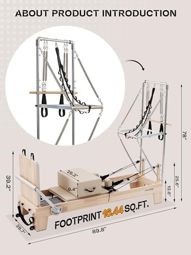 Pilates Reformer Machine, Quick-Assembly Foldable Studio Grade Pilates Equipment for Gym and Home, Oak Wood Pilates Reformer with Reformer Accessories
