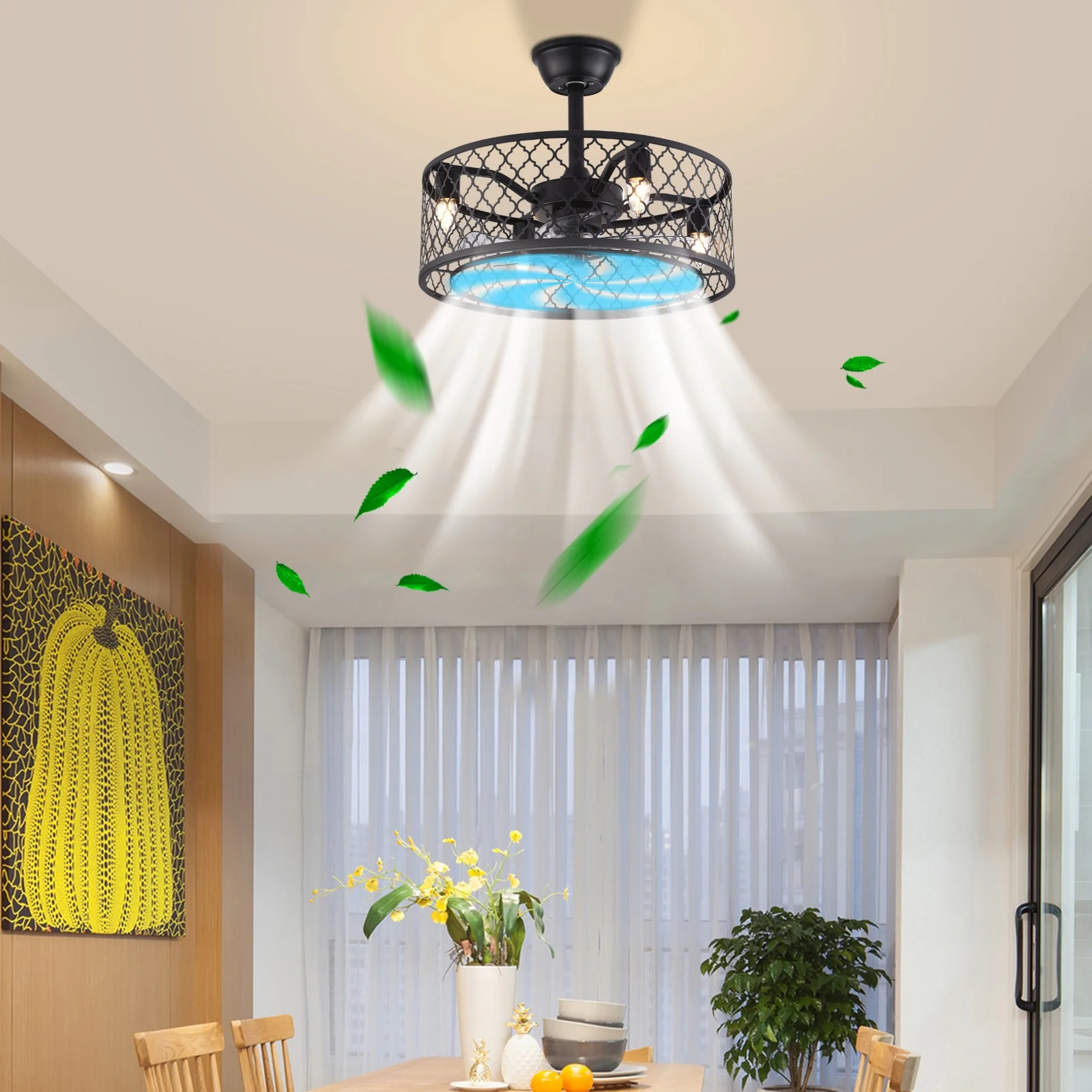 20 inch Industrial Ceiling Fan with Light and Remote, 5-Blades Caged 4-Light Iron Shade Chandelier Ceiling Light Fixture for Indoor Kitchen Bedroom Matte Black