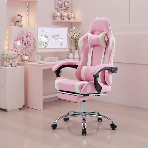 Ergonomic Gaming Office Desk Chair with Footrest, Height Adjustable 360° Swivel Computer Chair with Headrest and Lumbar Support, Pear White