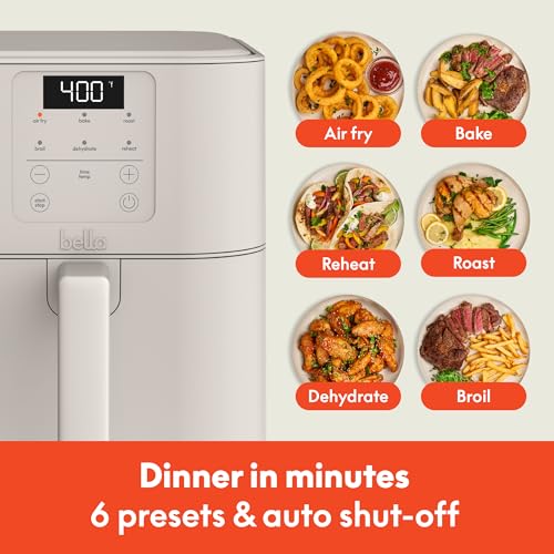 bella 4Qt Slim Air Fryer, Fits-anywhere™ Kitchenware, EverGood™ Ceramic Nonstick Coating, Adjustable Temperature, 6 Preset Cooking Options, 60 Min Auto Shutoff w Audible Tone, 3.3lb Capacity, Oatmilk